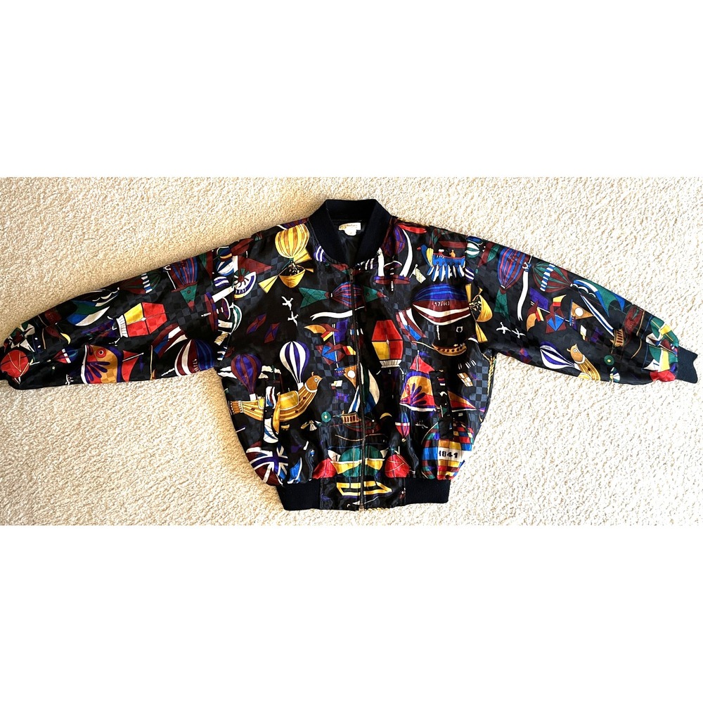 Vintage Metro High Fashion Colorful Silky Bomber Jacket Y2K Hot Air Balloon L/XL
